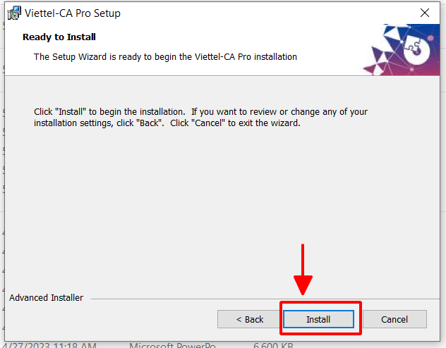 Nhấn Install để bắt đầu cài đặt phần mềm phần mềm chữ ký số kho bạc nhà nước